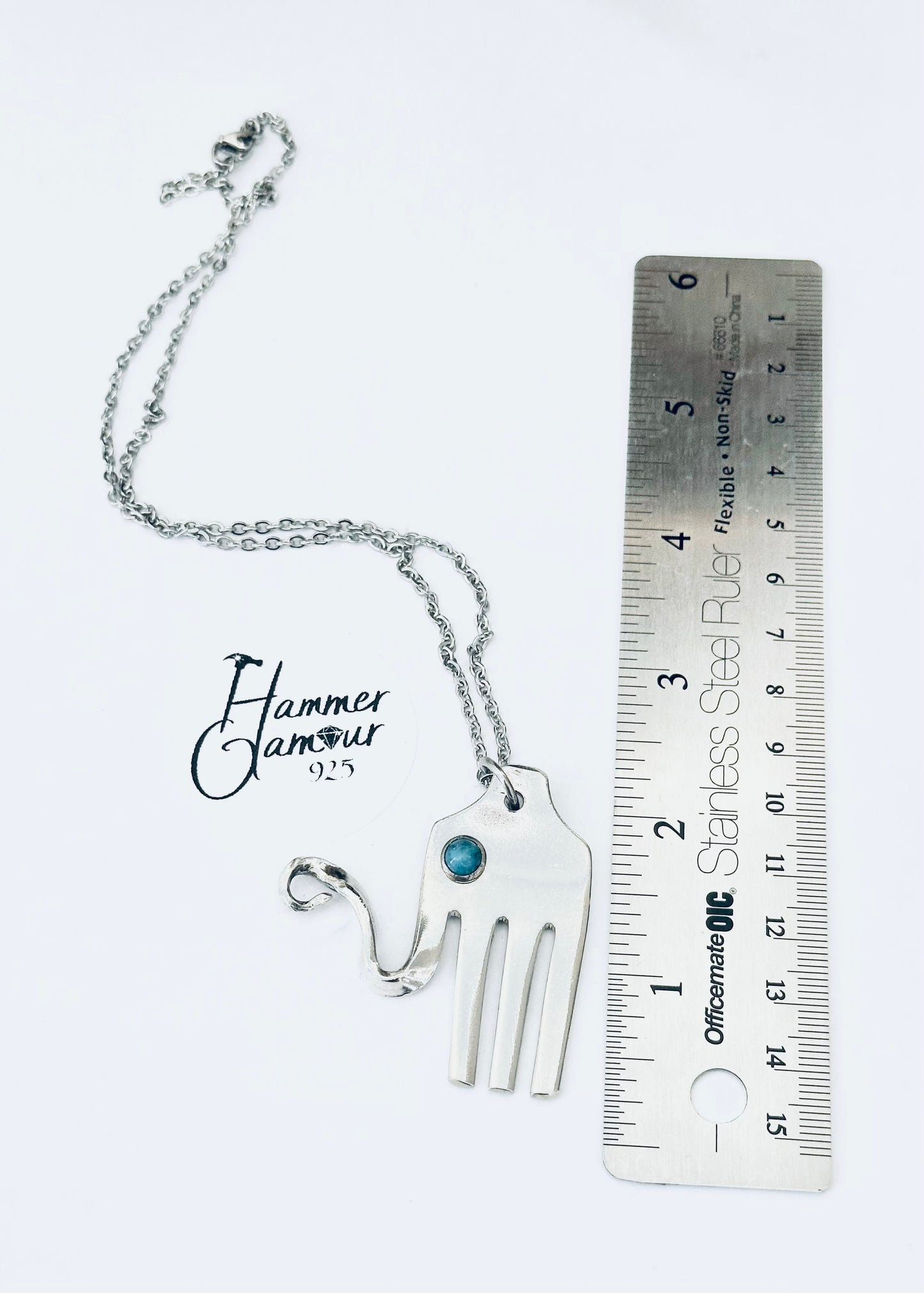 Elephant Necklace, made from Vintage .925 Silver Plated Fork, with Genuine Turquoise Stone