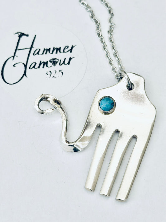 Elephant Necklace, made from Vintage .925 Silver Plated Fork, with Genuine Turquoise Stone