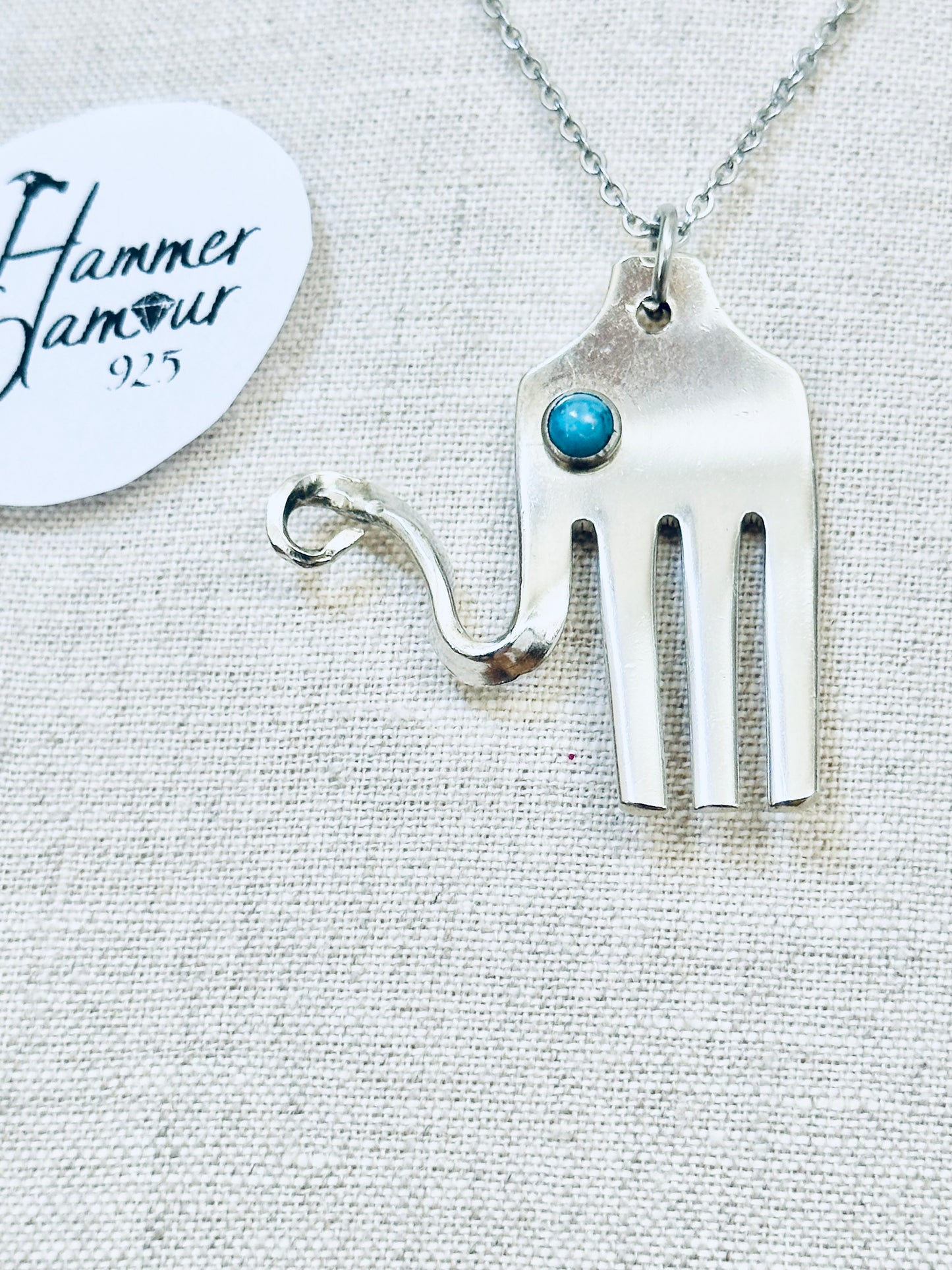 Elephant Necklace, made from Vintage .925 Silver Plated Fork, with Genuine Turquoise Stone