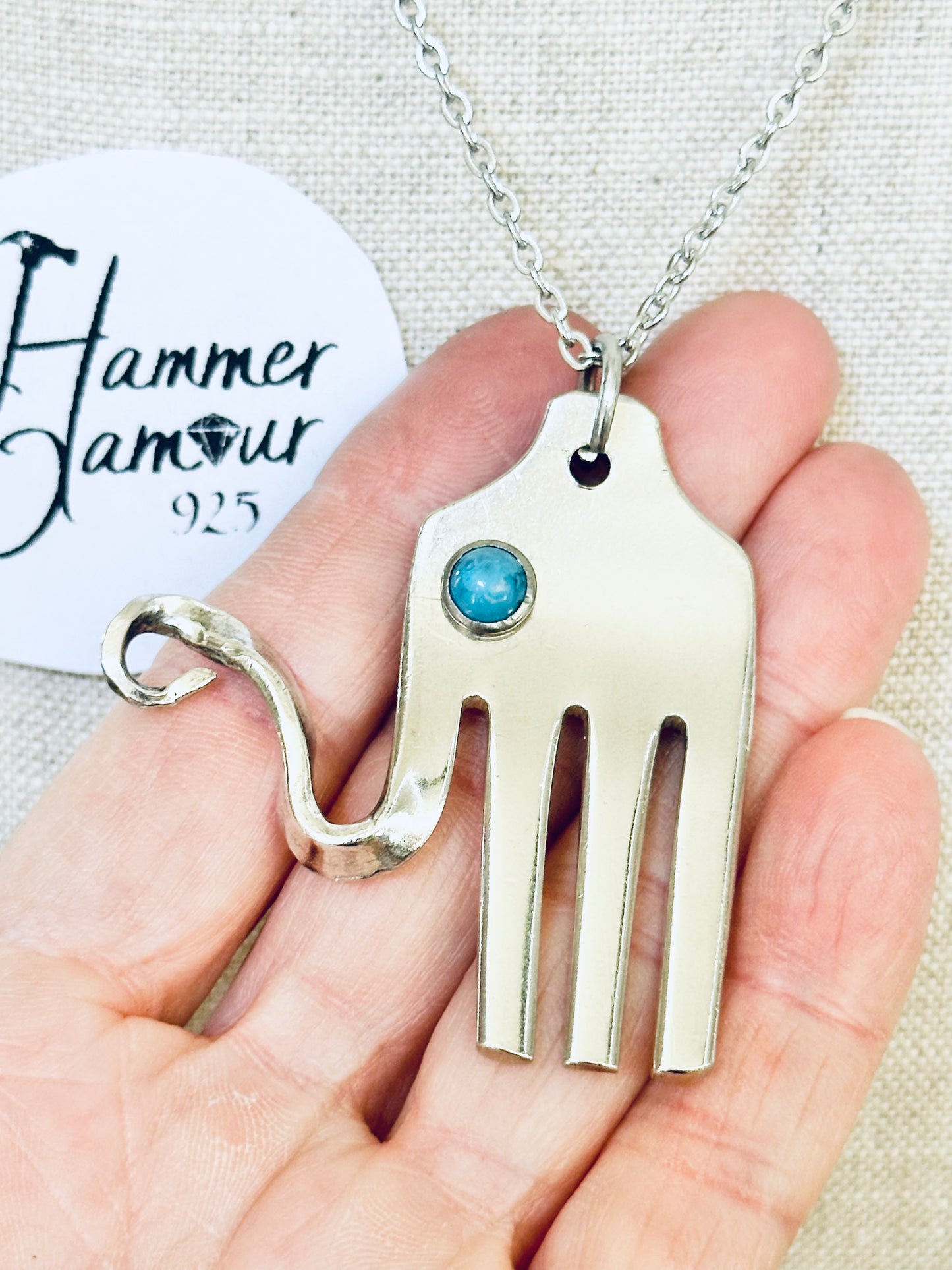 Elephant Necklace, made from Vintage .925 Silver Plated Fork, with Genuine Turquoise Stone