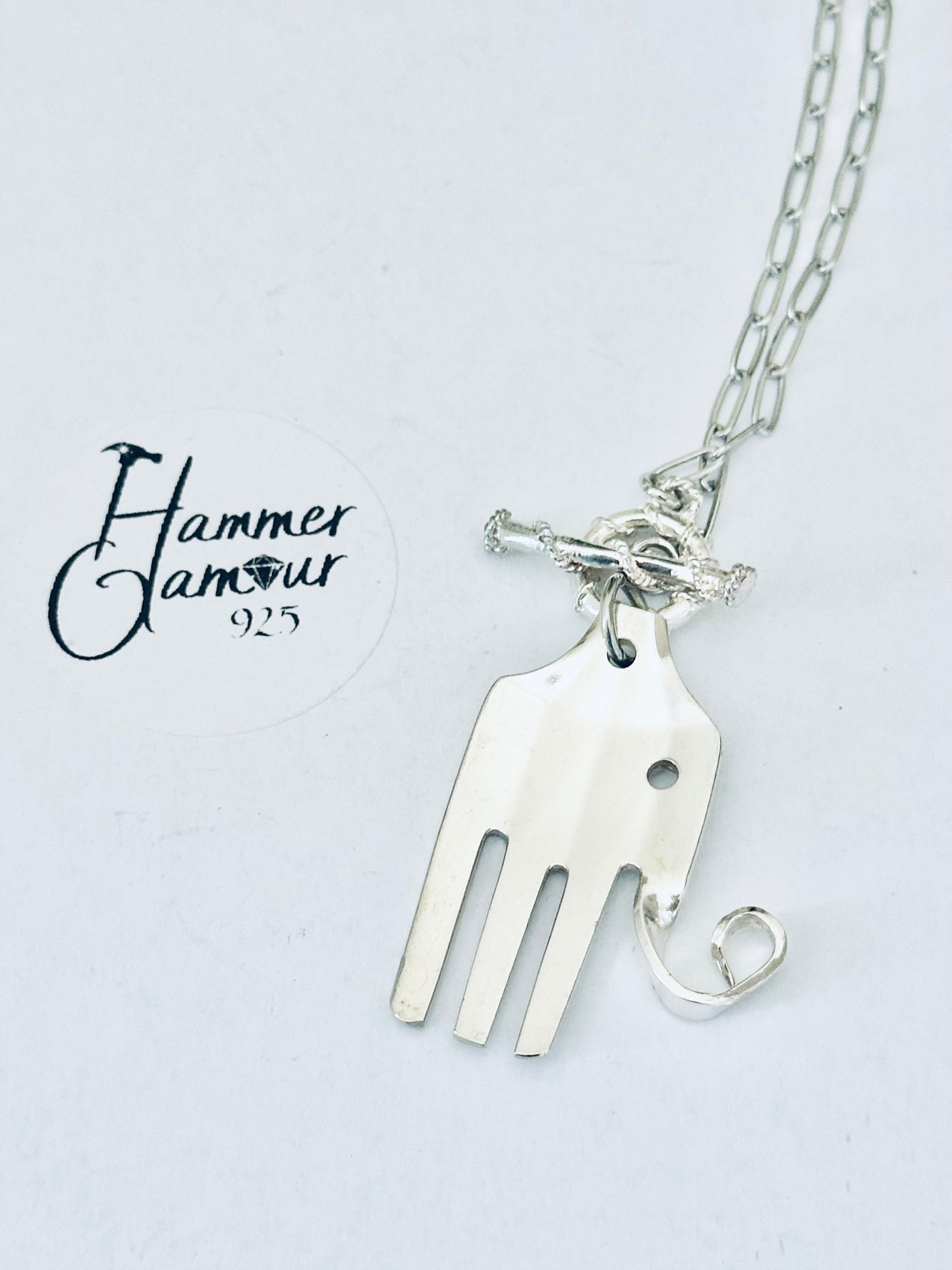 Elephant Necklace, made from Vintage .925 Silver Plated Fork, Paperclip Chain Necklace