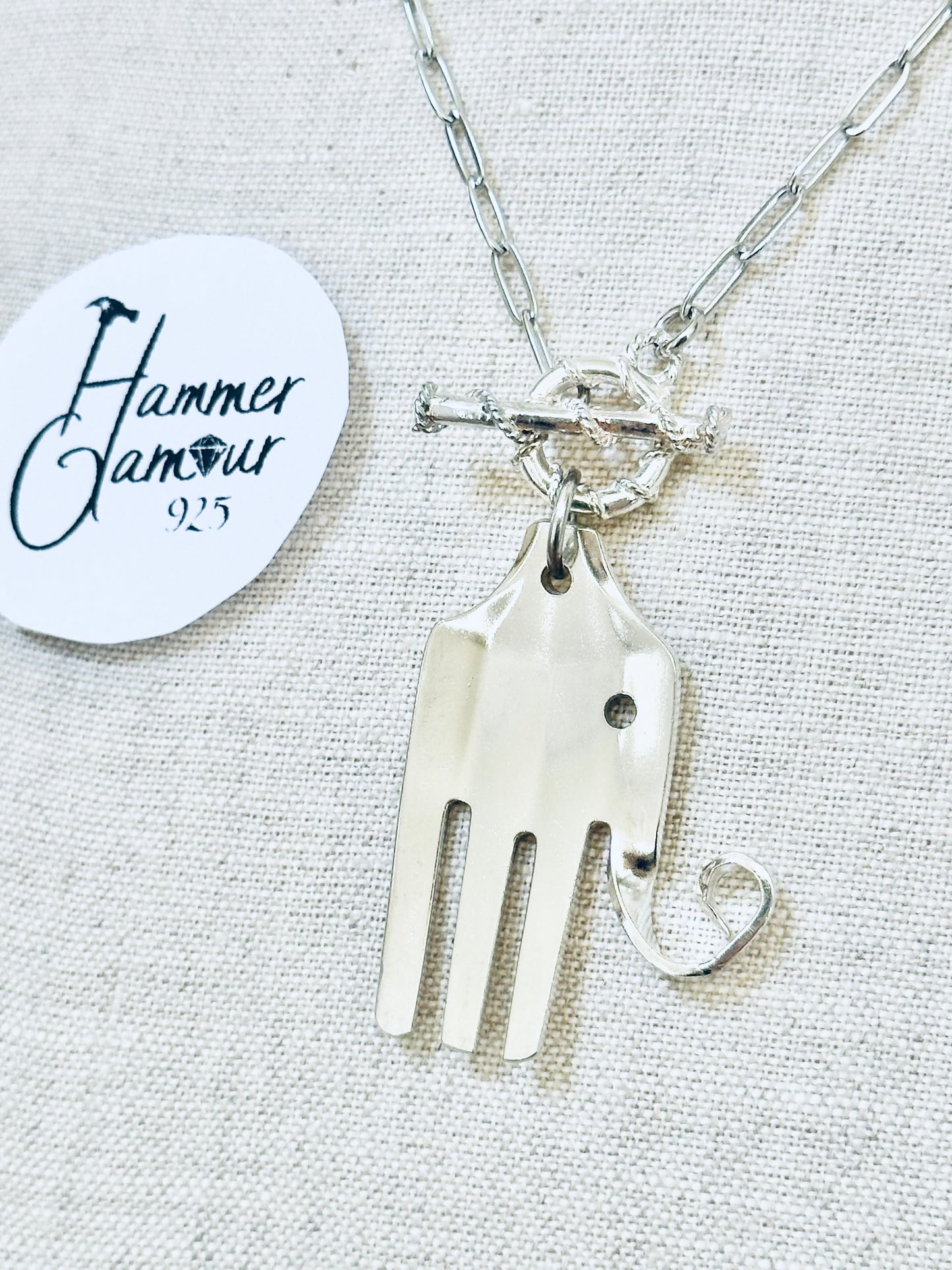 Elephant Necklace, made from Vintage .925 Silver Plated Fork, Paperclip Chain Necklace