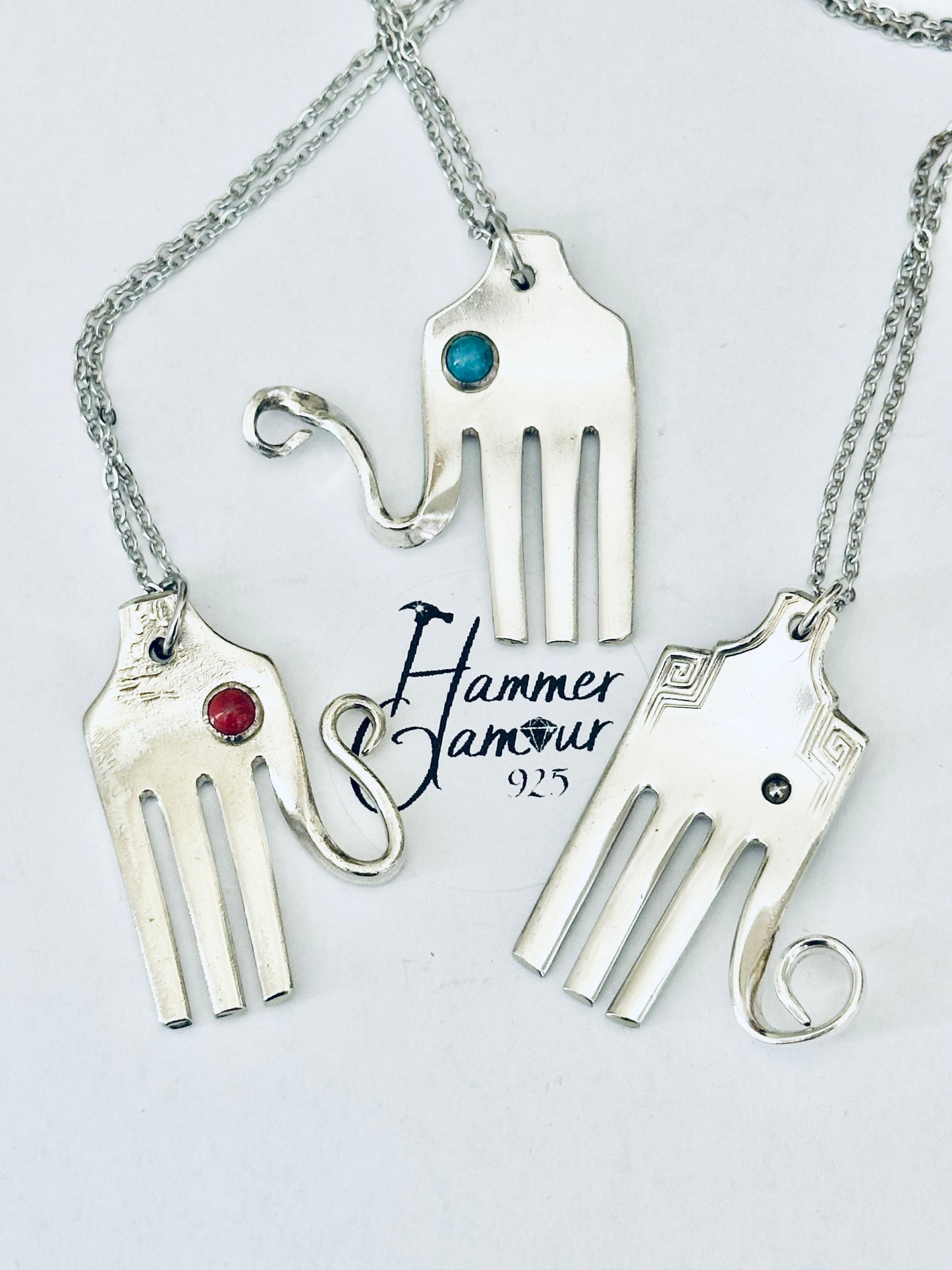 Elephant Necklace, made from Vintage .925 Silver Plated Fork, with Genuine Turquoise Stone