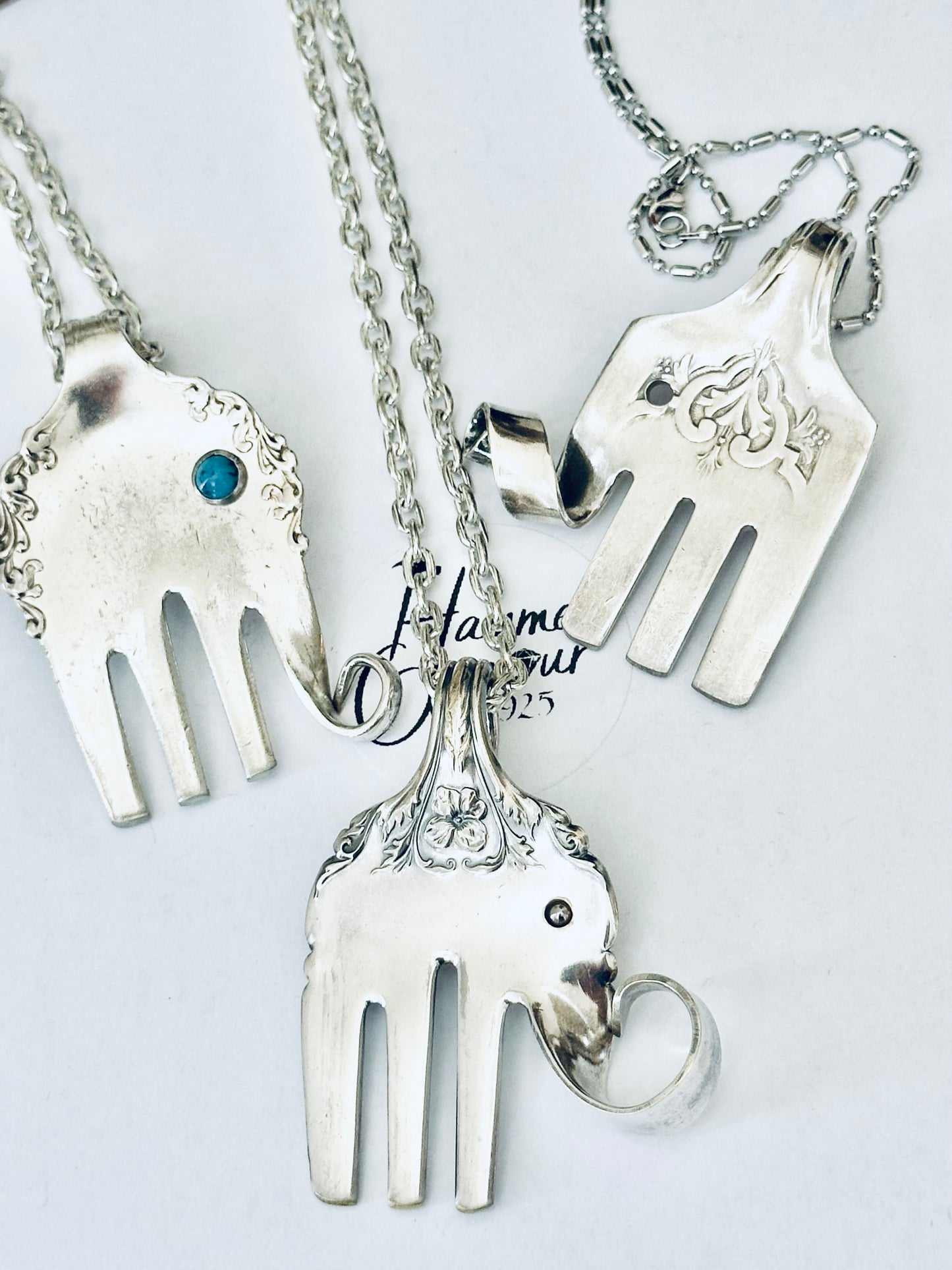 Elephant Necklace, Handmade from Vintage .925 Silver Plated Fork