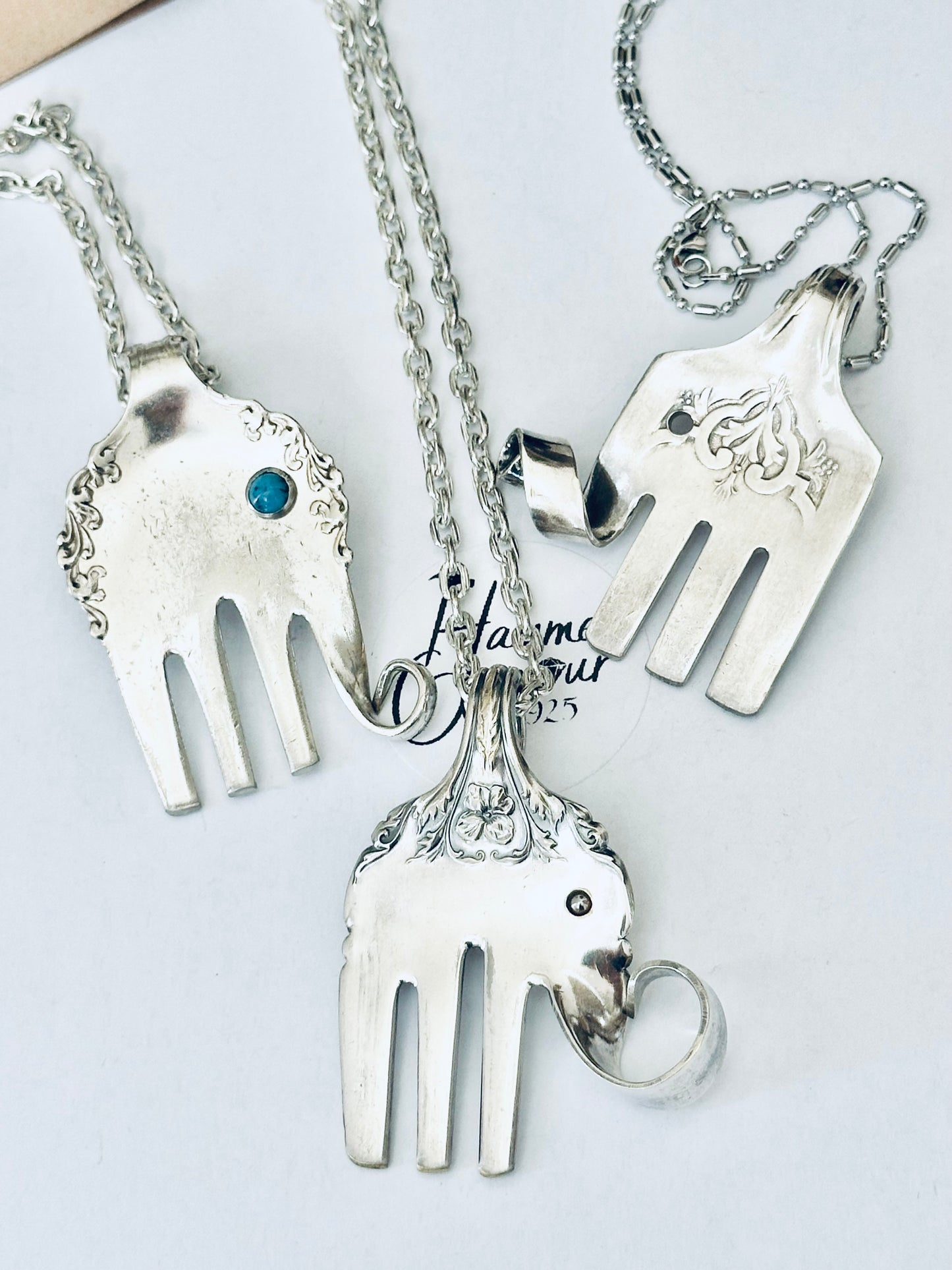 Elephant Necklace, made from Vintage .925 Silver Plated Fork, with Genuine Turquoise Stone