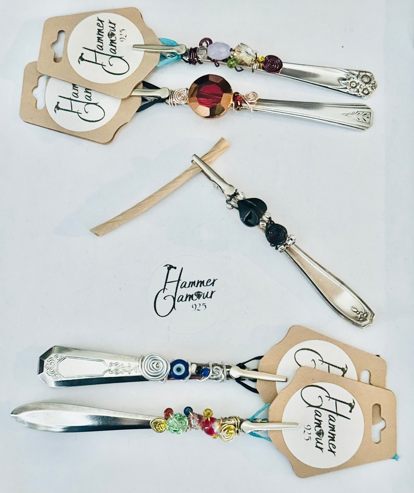 Roach Clips & Bracelet Helpers made from Vintage Spoon Handles, Gem Stones, and Glass Beads