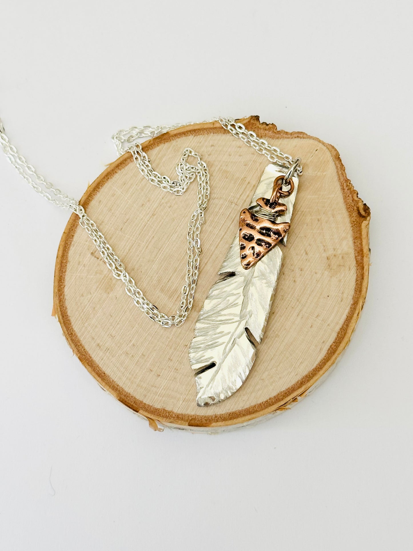 Feather Necklace with Copper Arrowhead, Vintage Silver