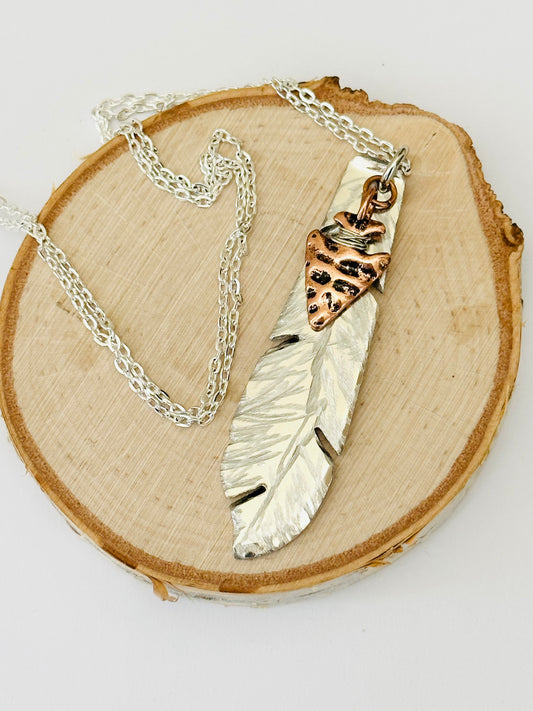 Feather Necklace with Copper Arrowhead, Vintage Silver