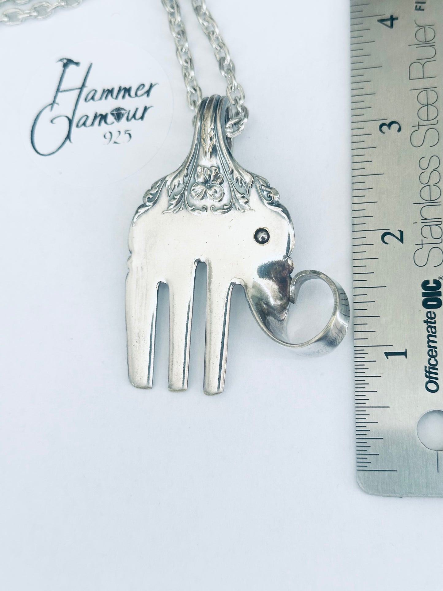 Elephant Necklace, Handmade from Vintage .925 Silver Plated Fork