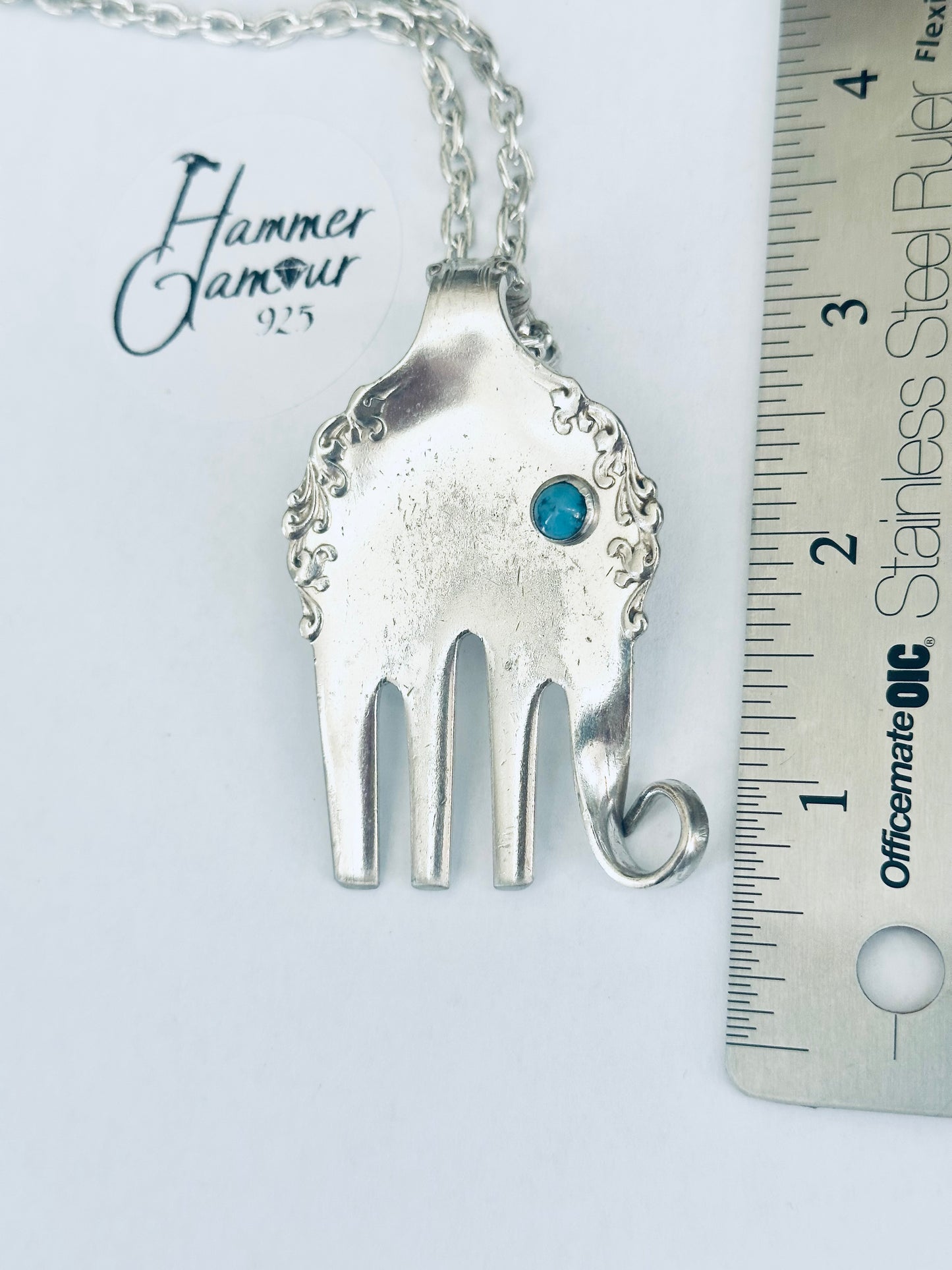 Elephant Necklace, made from Vintage .925 Silver Plated Fork, with Genuine Turquoise Stone