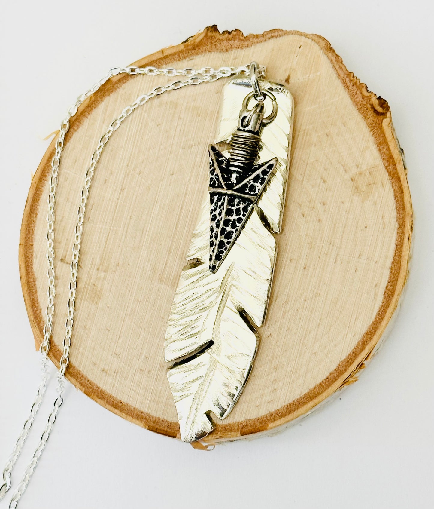 Feather Necklace with Silver Arrowhead, Vintage Silver