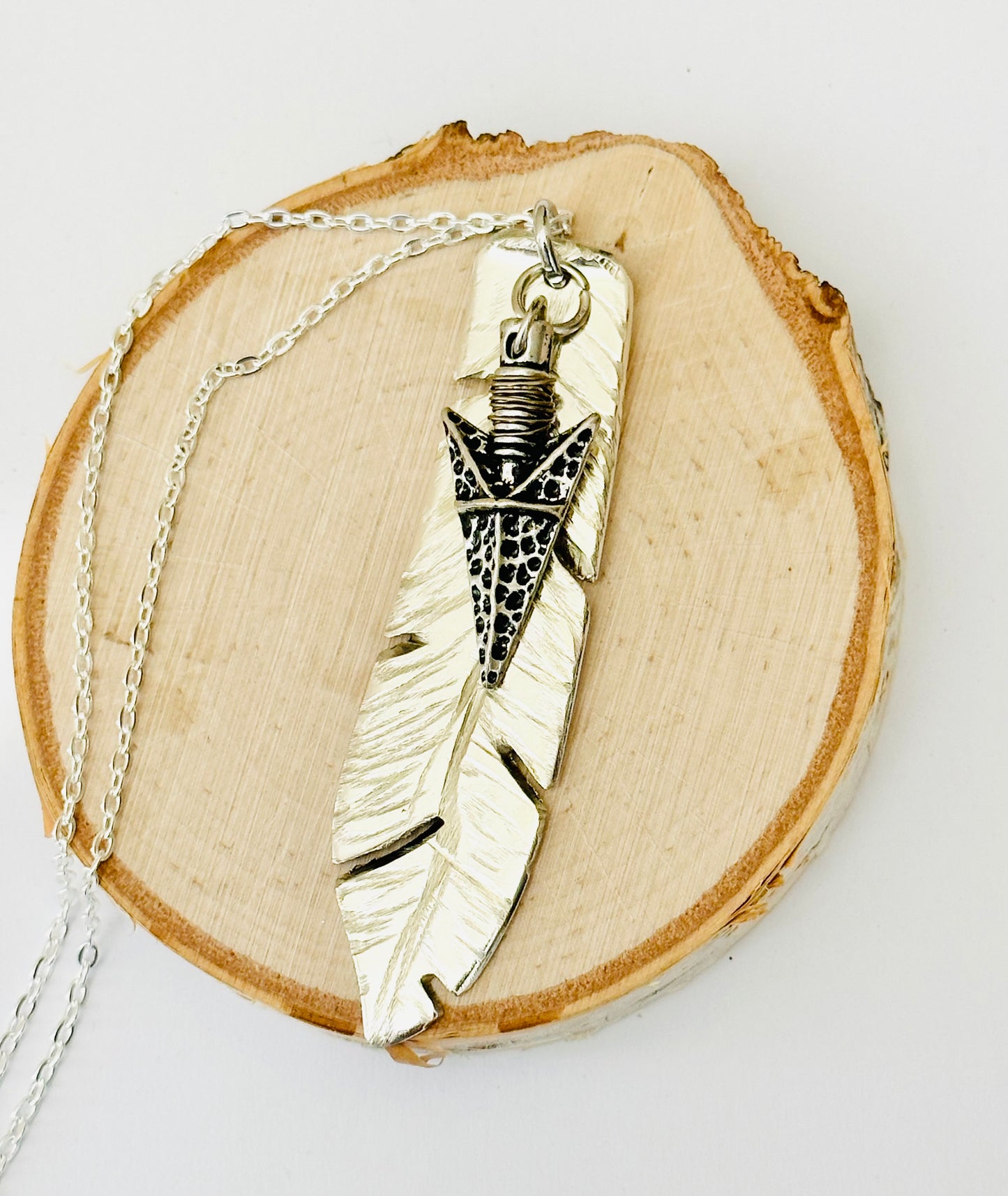 Feather Necklace with Silver Arrowhead, Vintage Silver