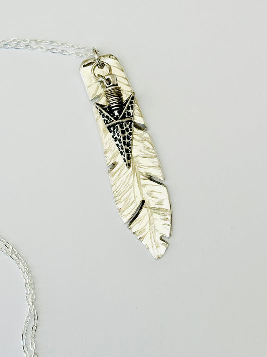 Feather Necklace with Silver Arrowhead, Vintage Silver