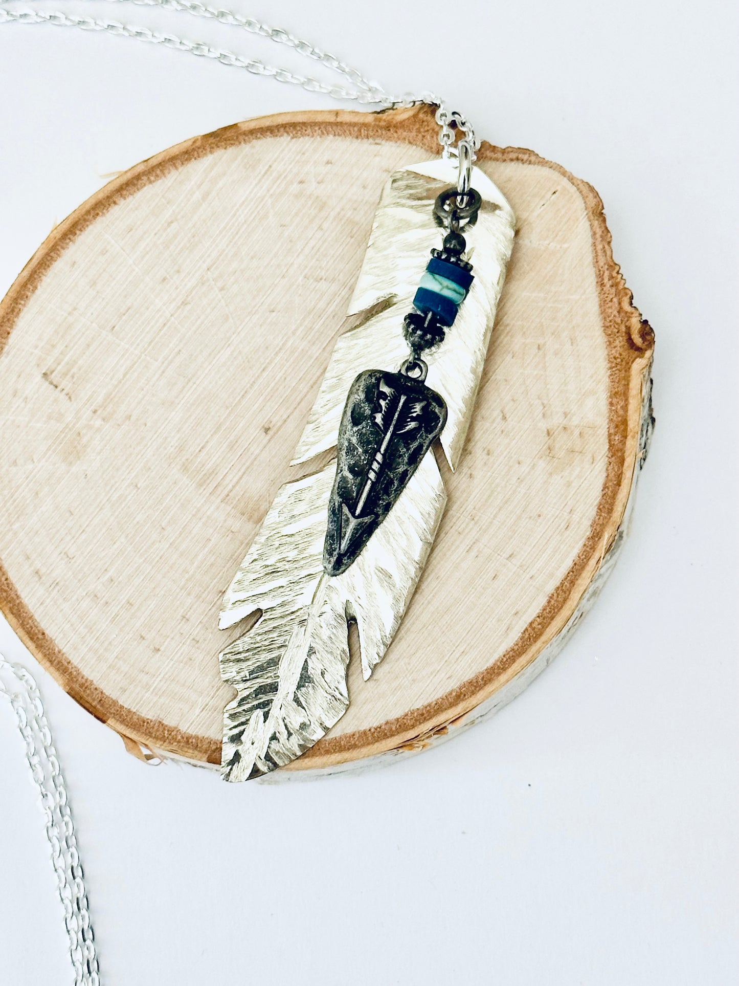 Feather Necklace with Silver Arrowhead, Vintage Silver