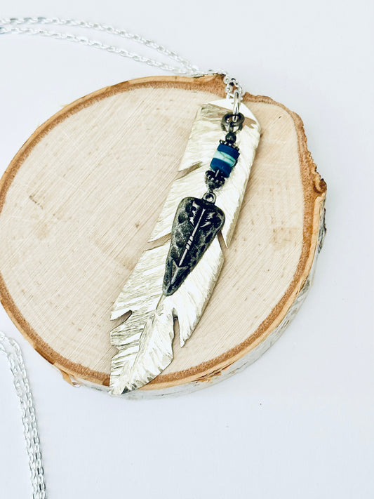 Feather Necklace with Silver Arrowhead, Vintage Silver