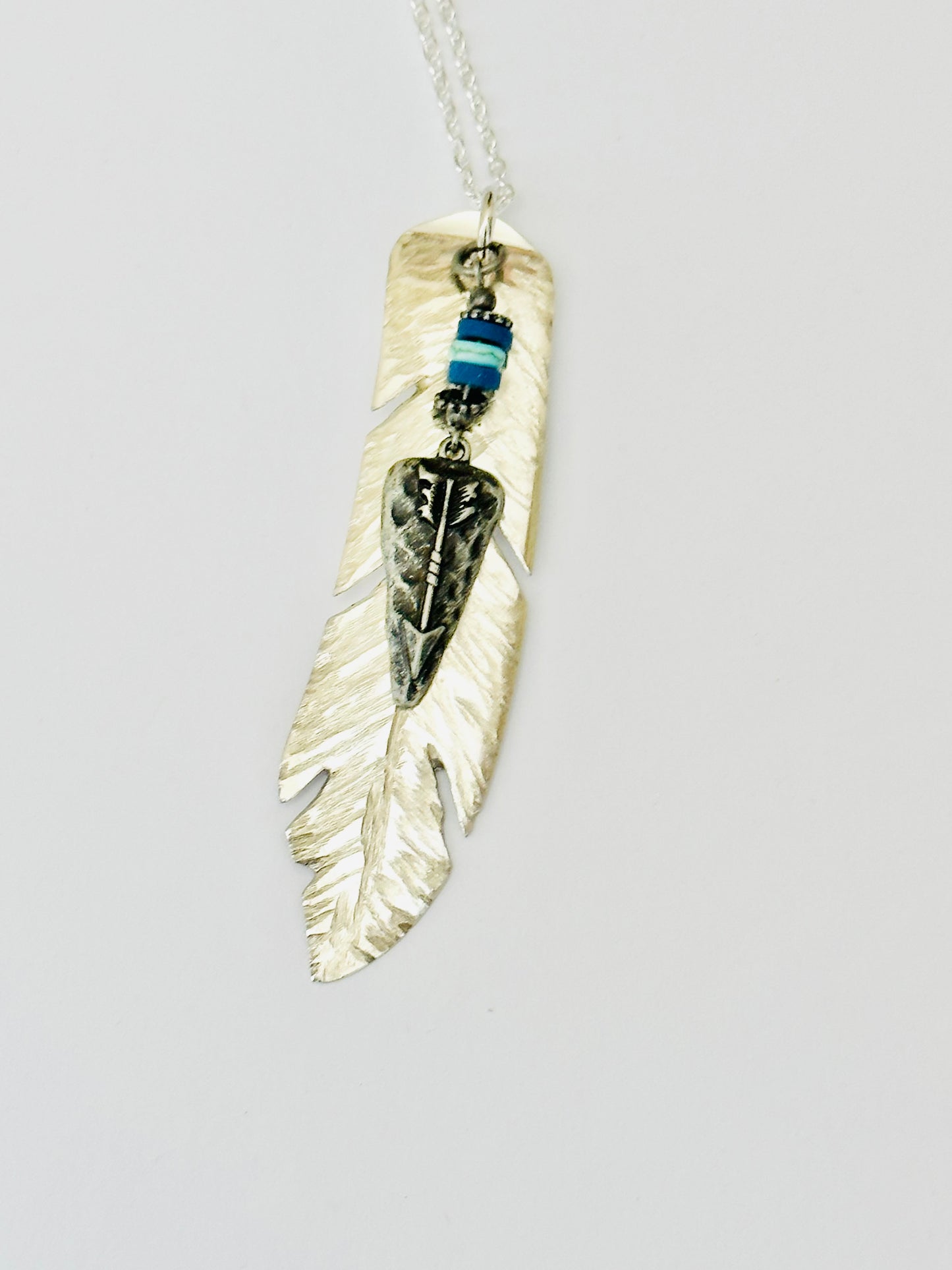 Feather Necklace with Silver Arrowhead, Vintage Silver