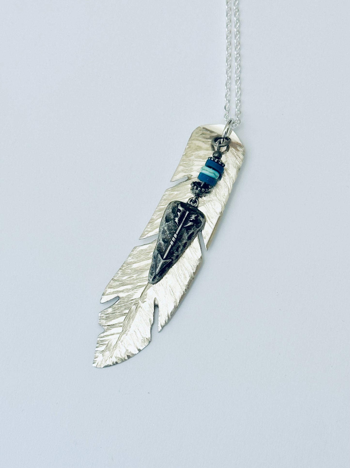 Feather Necklace with Silver Arrowhead, Vintage Silver