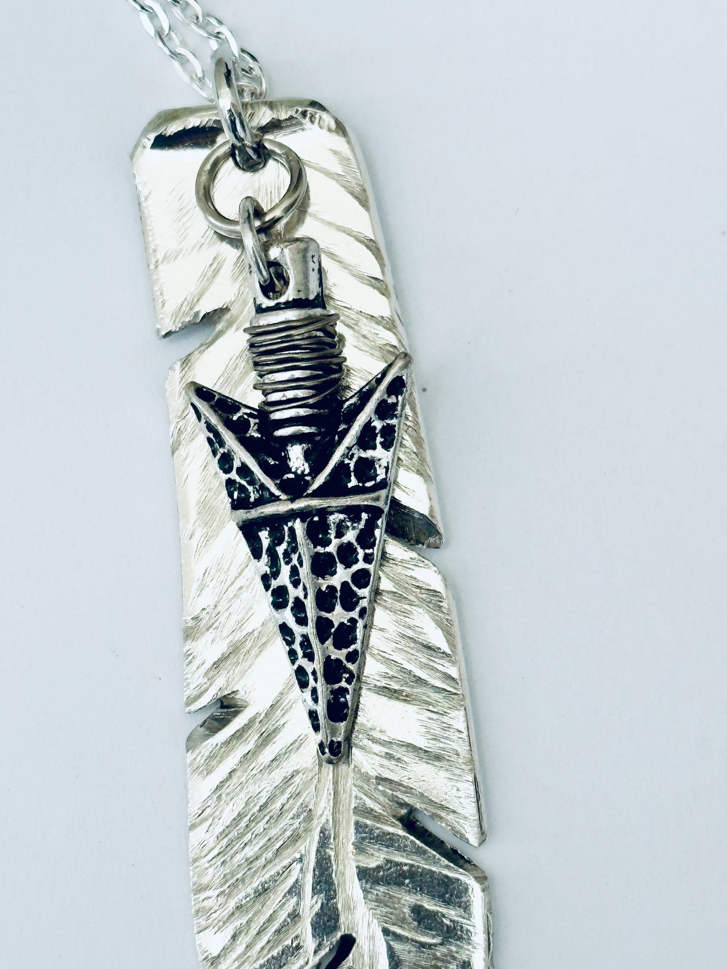 Feather Necklace with Silver Arrowhead, Vintage Silver