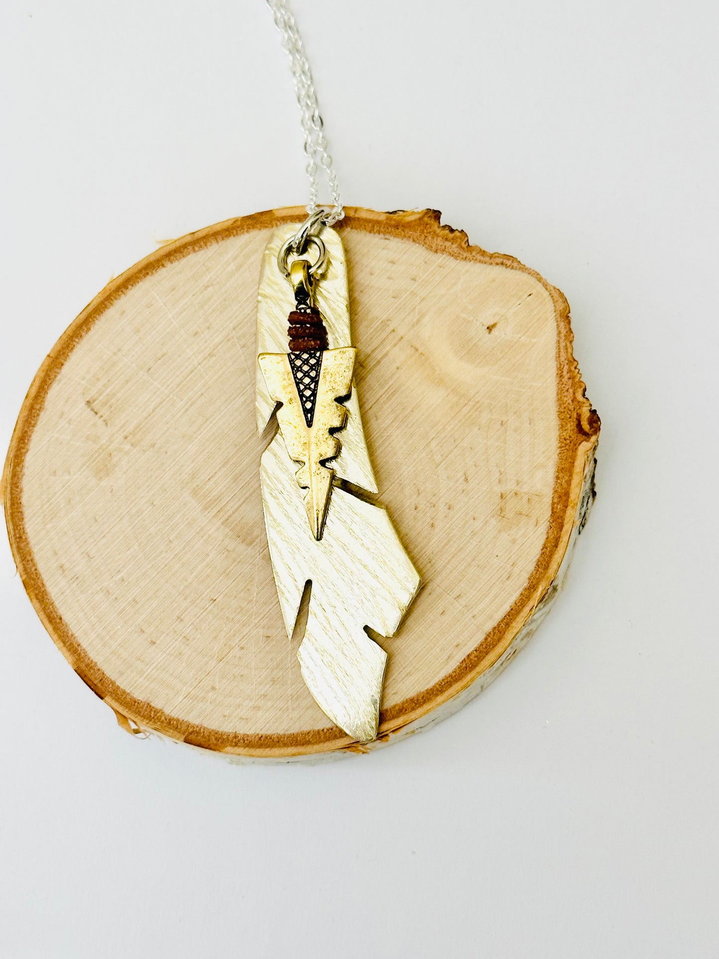 Feather Necklace with Bronze Arrowhead, Vintage Silver