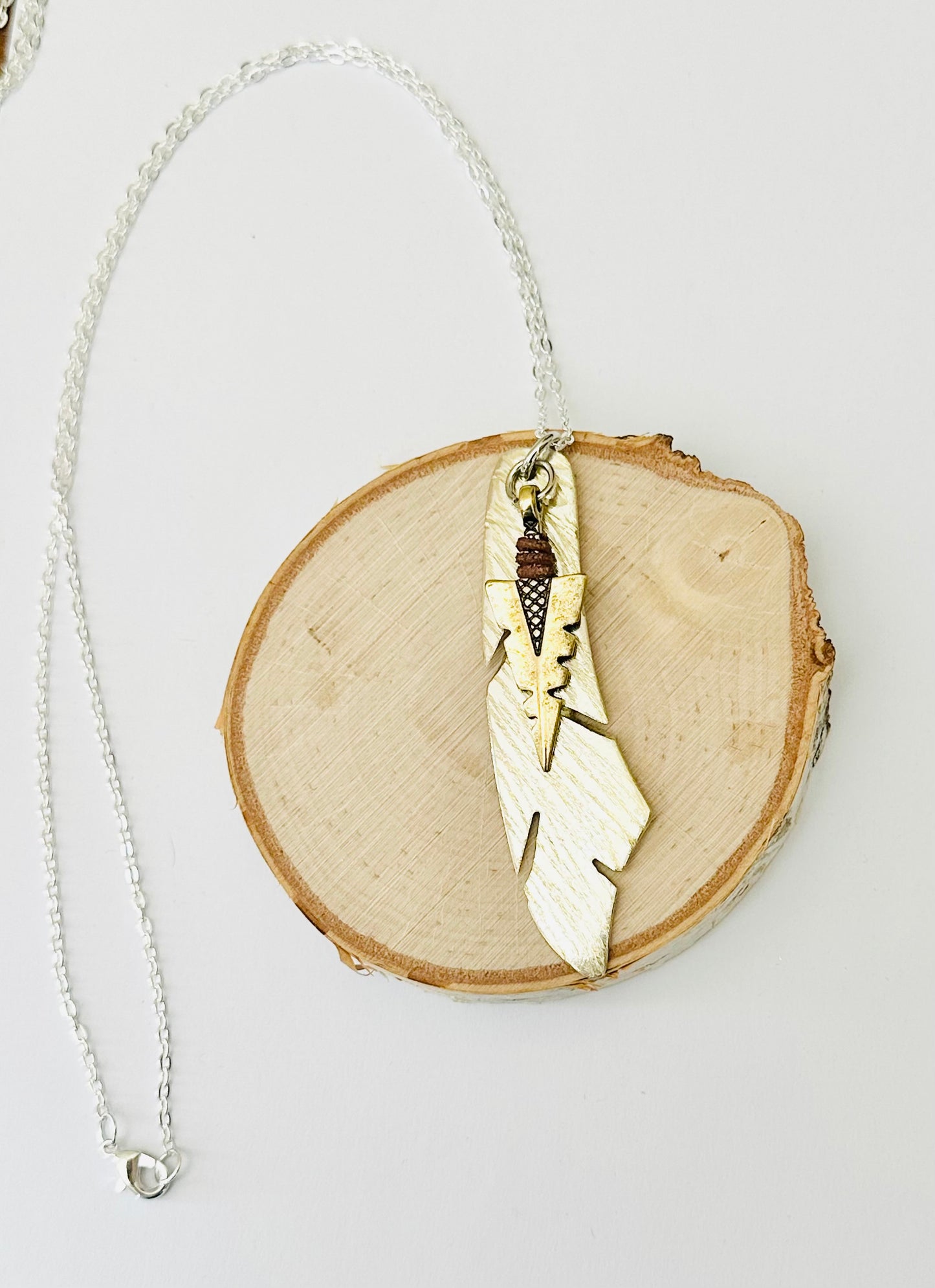 Feather Necklace with Bronze Arrowhead, Vintage Silver