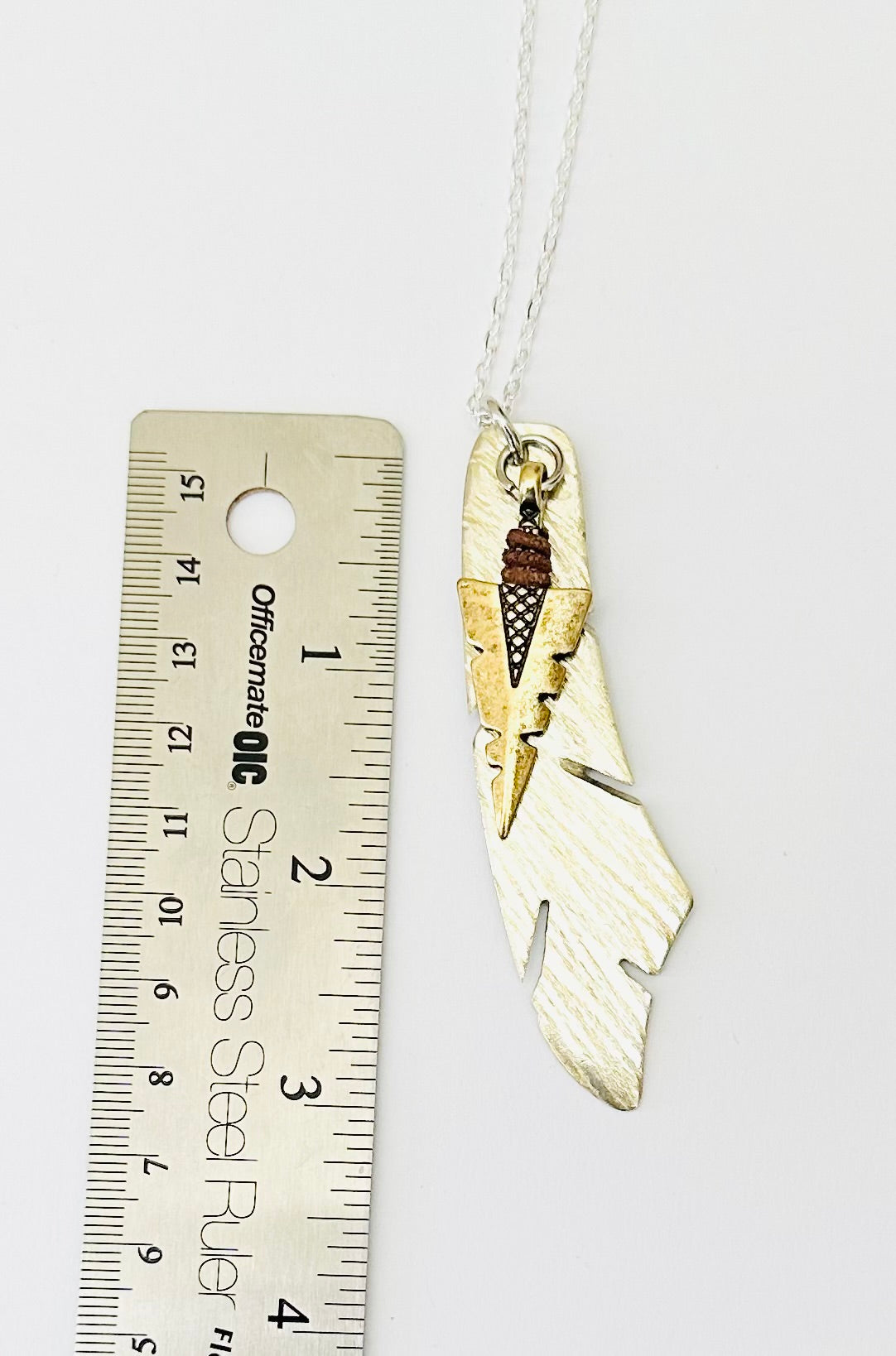 Feather Necklace with Bronze Arrowhead, Vintage Silver