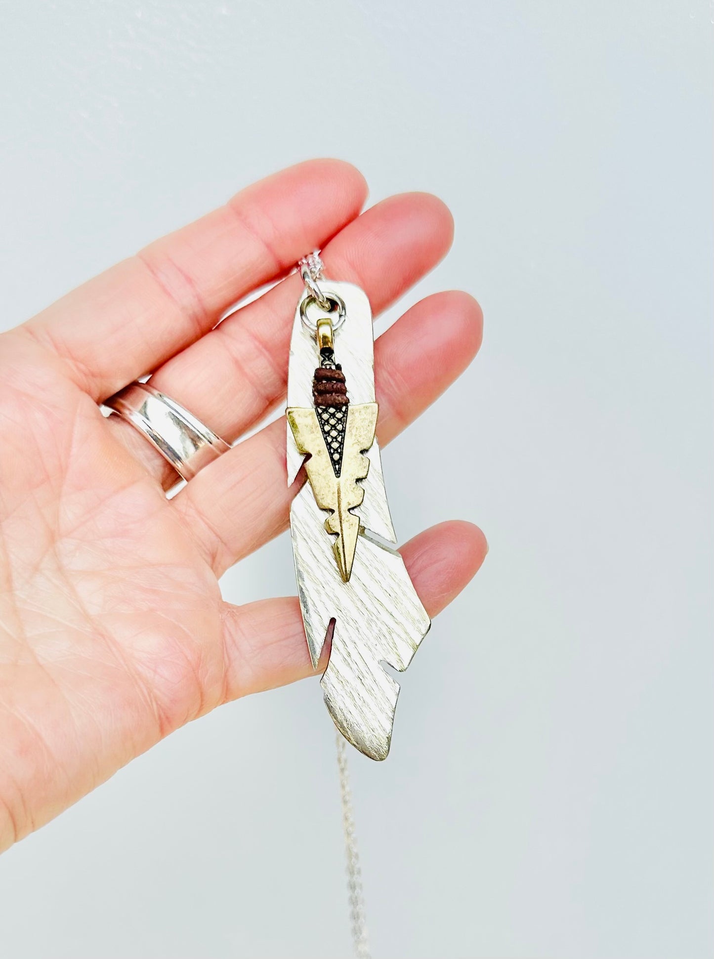 Feather Necklace with Bronze Arrowhead, Vintage Silver