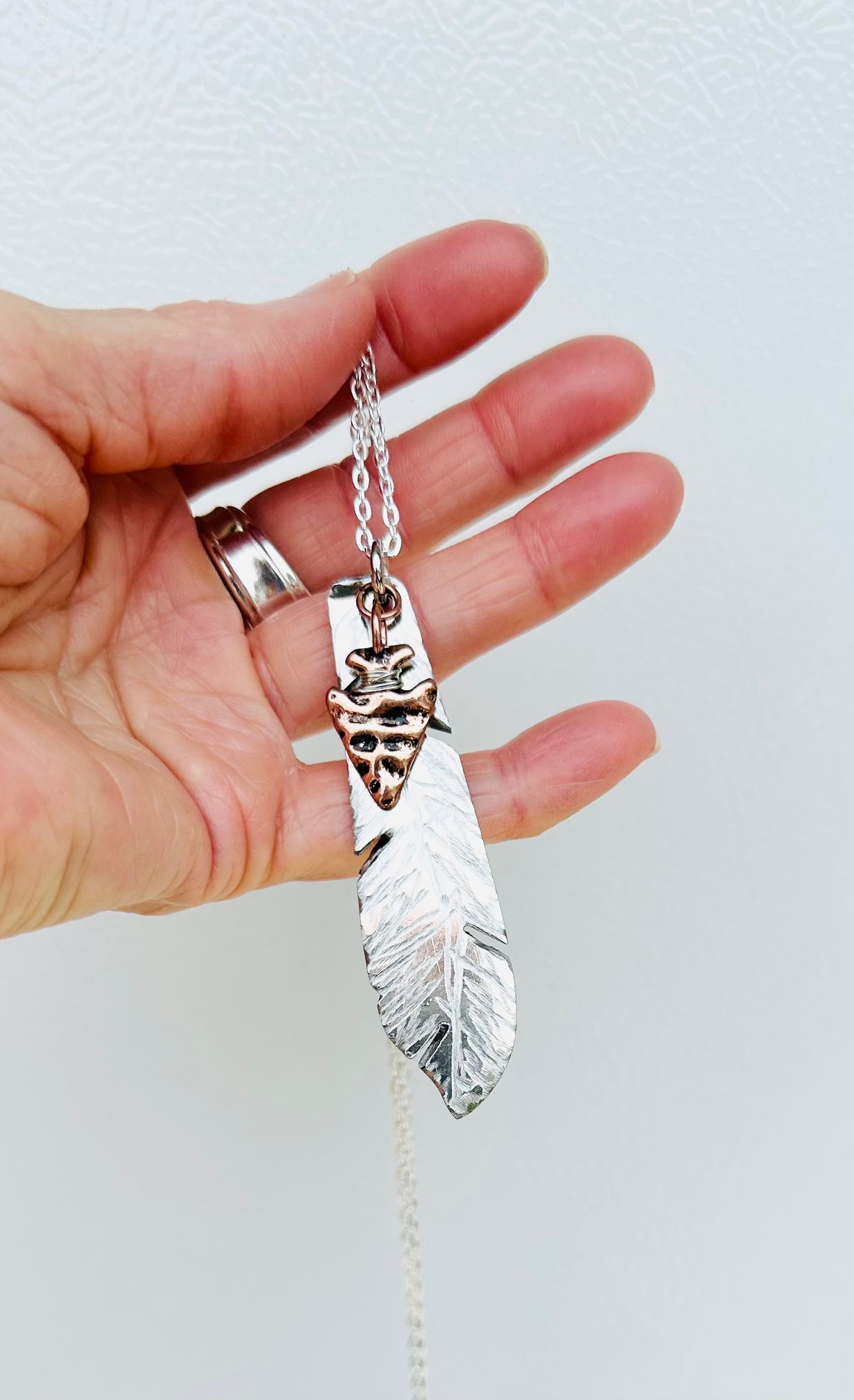 Feather Necklace with Copper Arrowhead, Vintage Silver