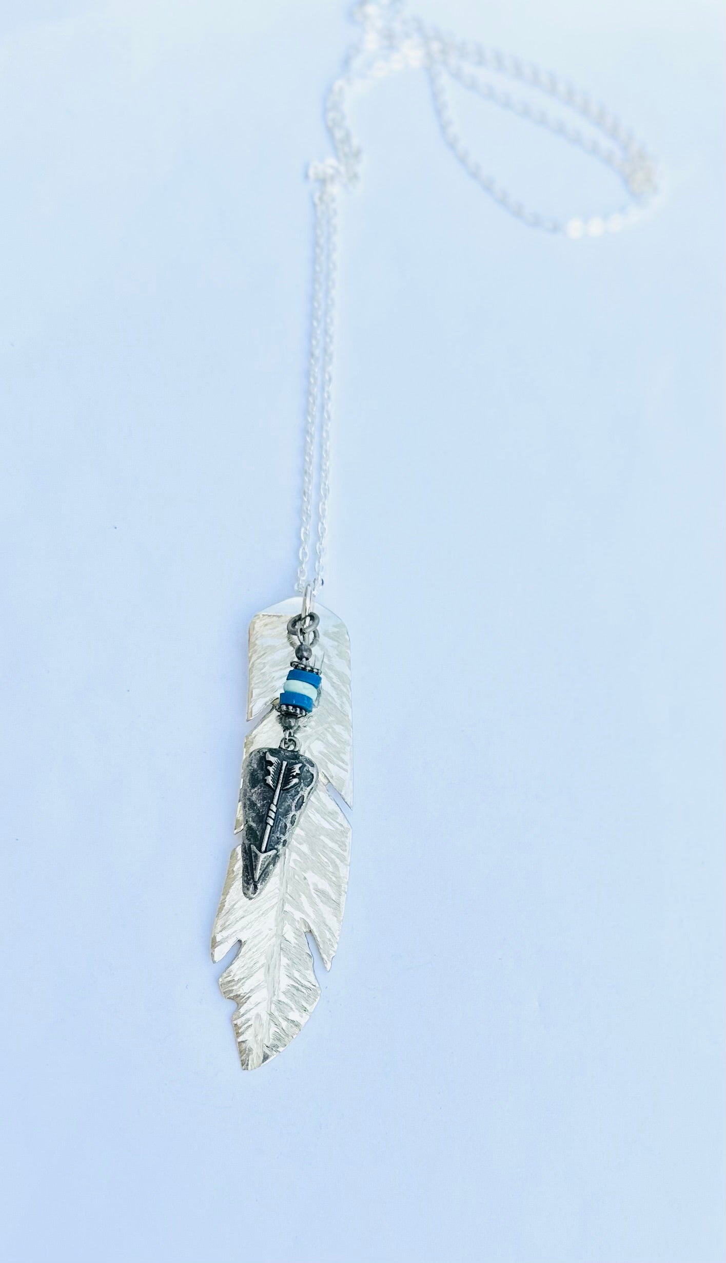 Feather Necklace with Silver Arrowhead, Vintage Silver