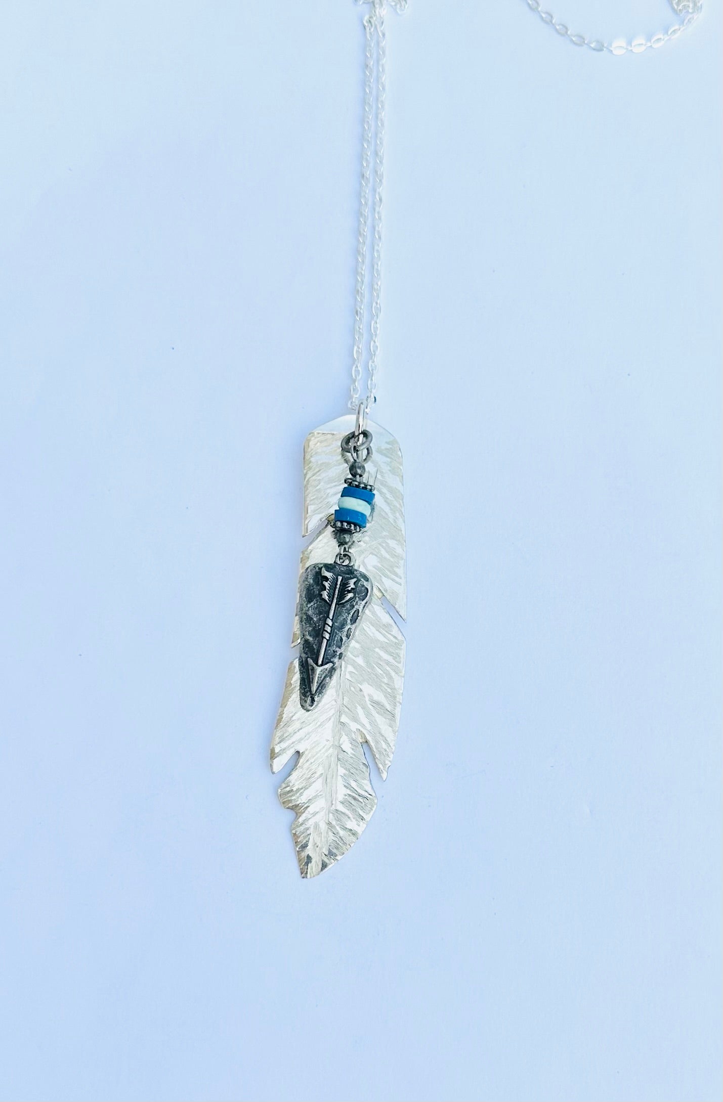 Feather Necklace with Silver Arrowhead, Vintage Silver