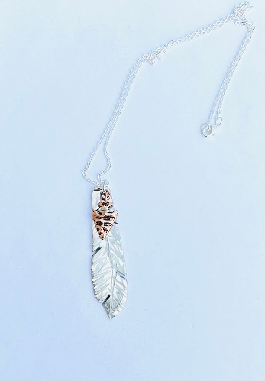 Feather Necklace with Copper Arrowhead, Vintage Silver