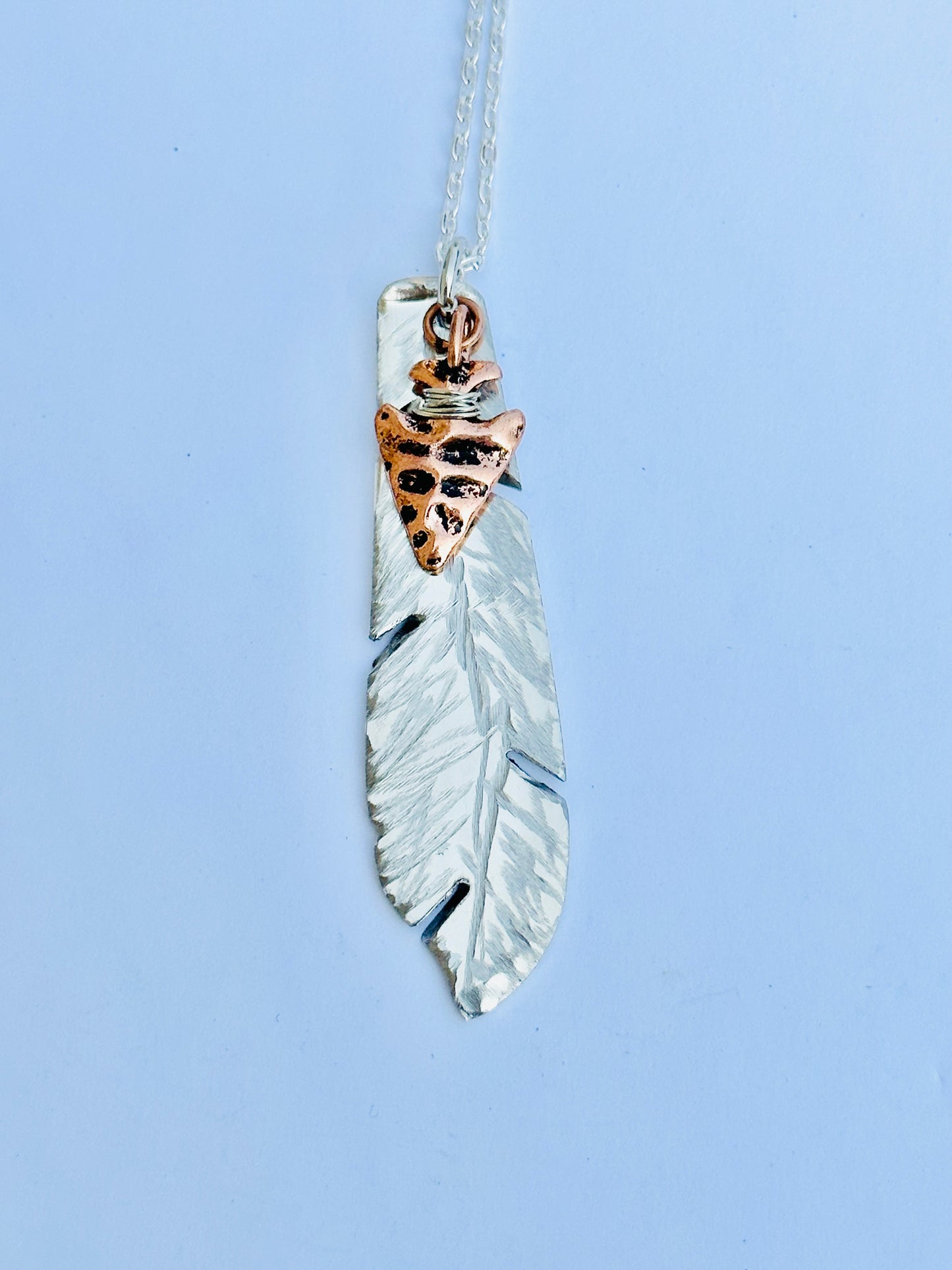 Feather Necklace with Copper Arrowhead, Vintage Silver