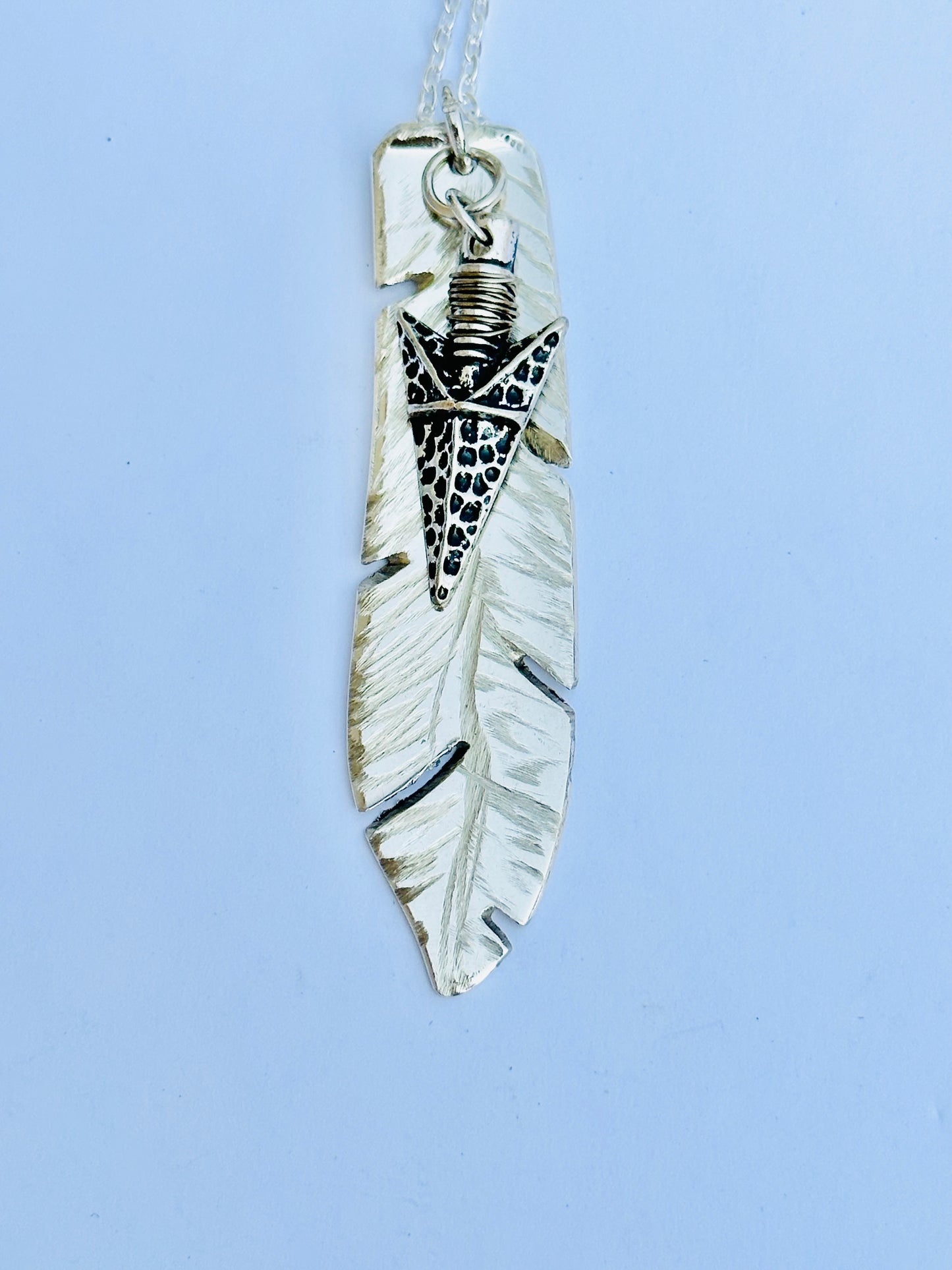 Feather Necklace with Silver Arrowhead, Vintage Silver