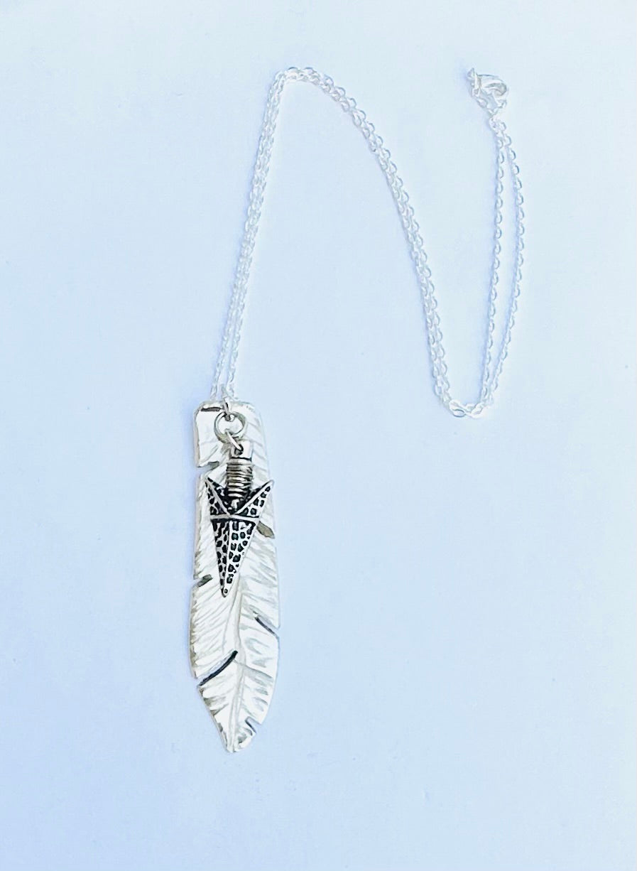 Feather Necklace with Silver Arrowhead, Vintage Silver